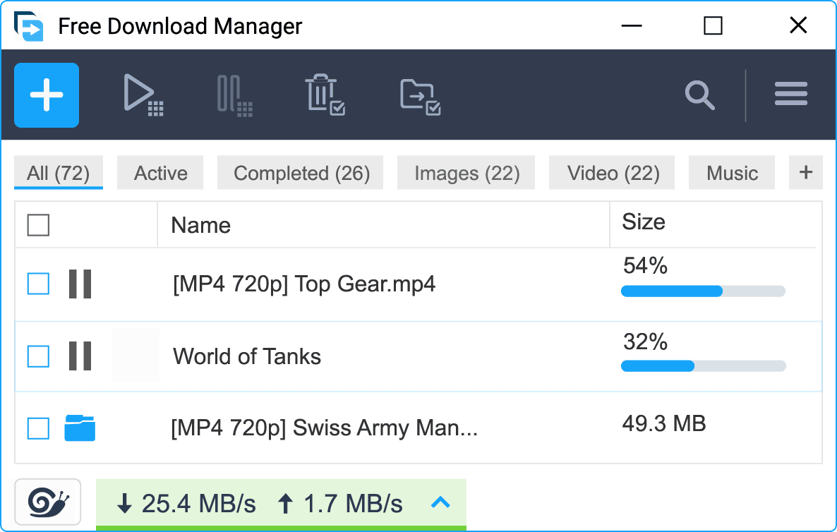 หน้าต่างหลักของ Free Download Manager แสดงรายการดาวน์โหลดและแถบความคืบหน้า ใช้แทน IDM ได้ฟรี