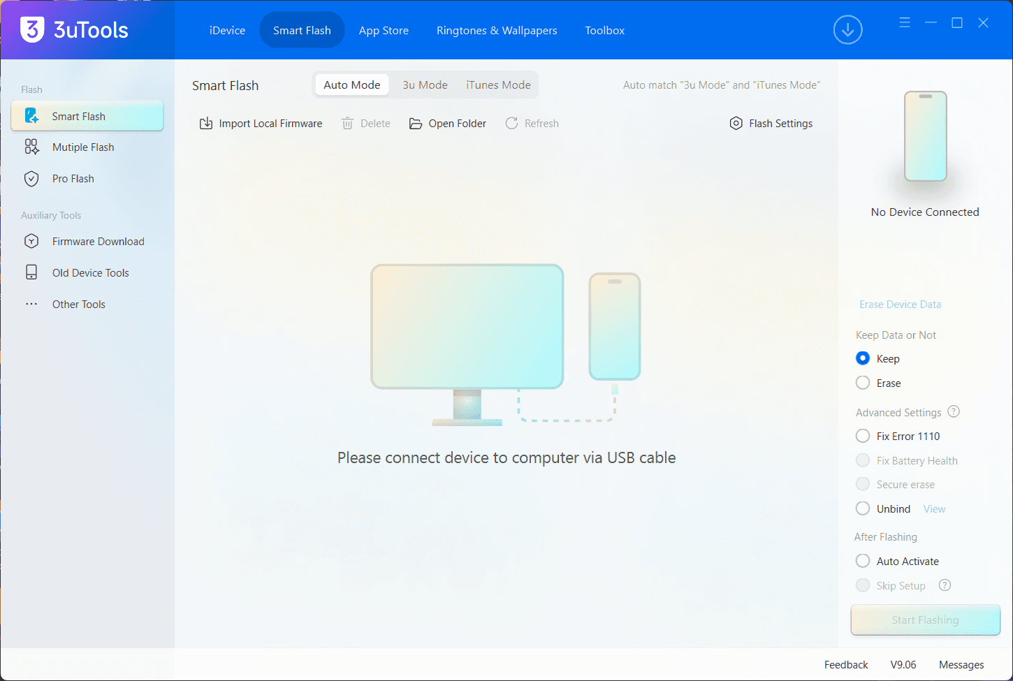 หน้าจอการใช้งานของโปรแกรม 3uTools v9.06.006