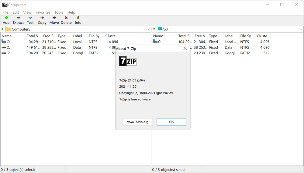 หน้าจอการใช้งานของโปรแกรม 7-Zip 26.02