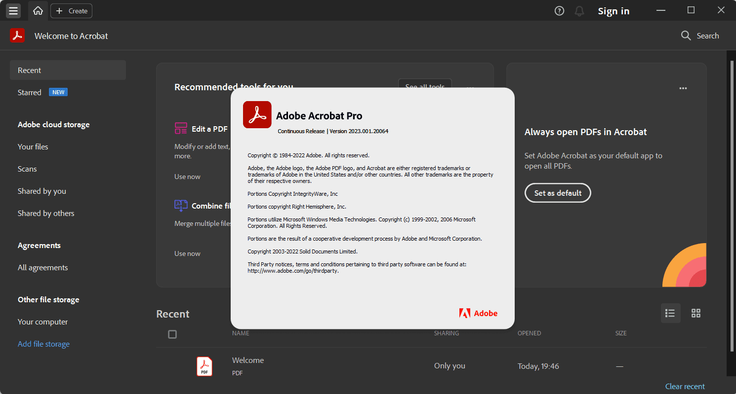 หน้าจอการใช้งานของโปรแกรม Adobe Acrobat Pro DC 2026.001.21789