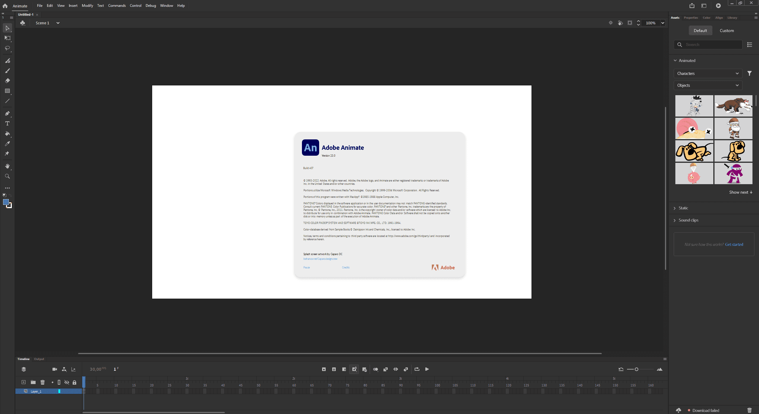 หน้าจอการใช้งานของโปรแกรม Adobe Animate 2023 v23.0.16