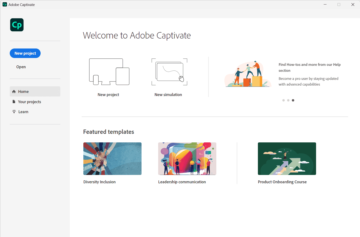 หน้าจอการใช้งานของโปรแกรม Adobe Captivate 12.6.0.63
