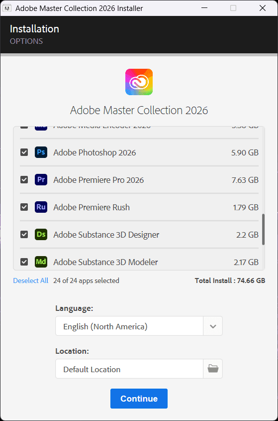 หน้าจอการใช้งานของโปรแกรม Adobe Master Collection 2026 v4