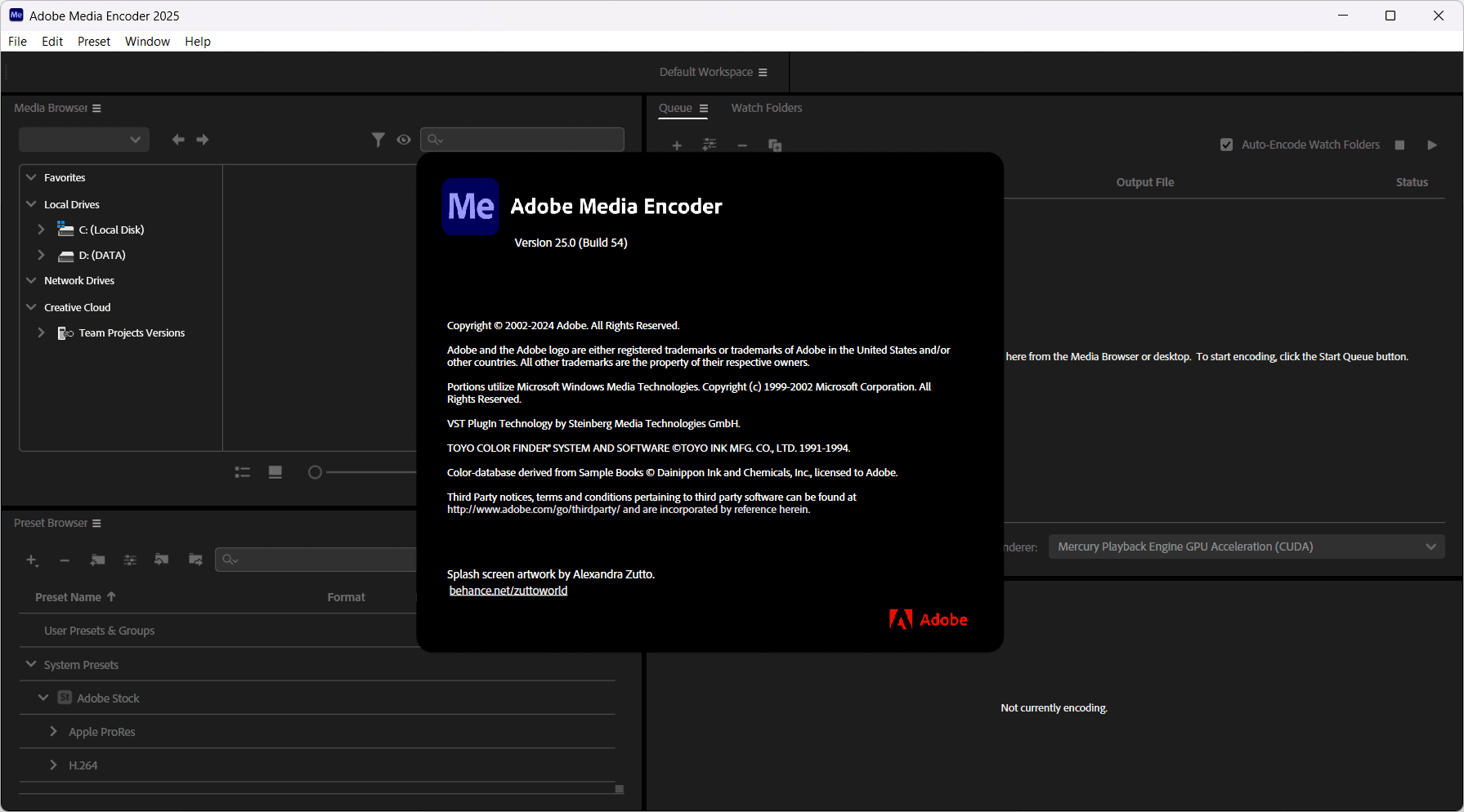 หน้าจอการใช้งานของโปรแกรม Adobe Media Encoder 2025 v25.6.6