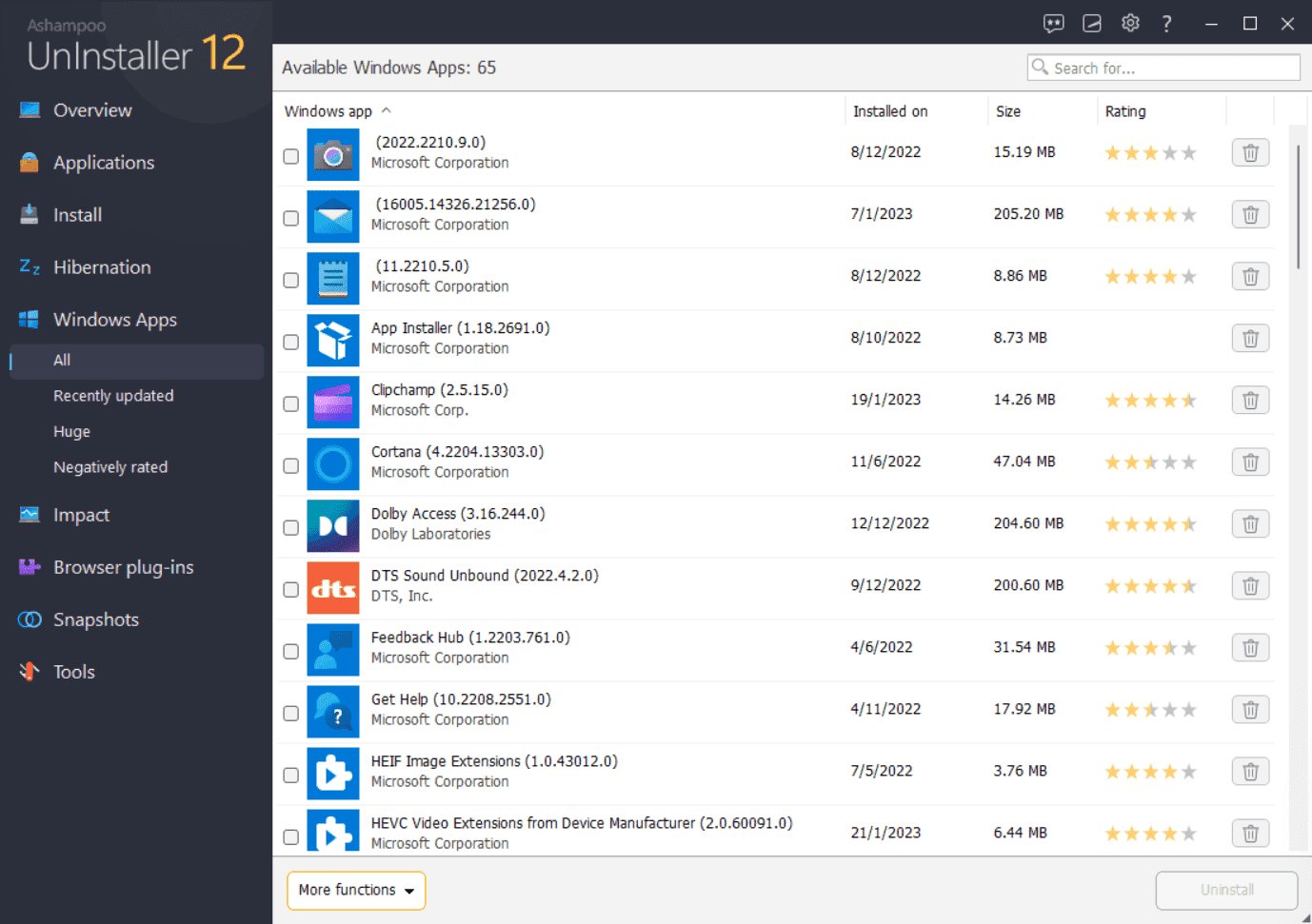 หน้าจอการใช้งานของโปรแกรม Ashampoo UnInstaller 16.00.02