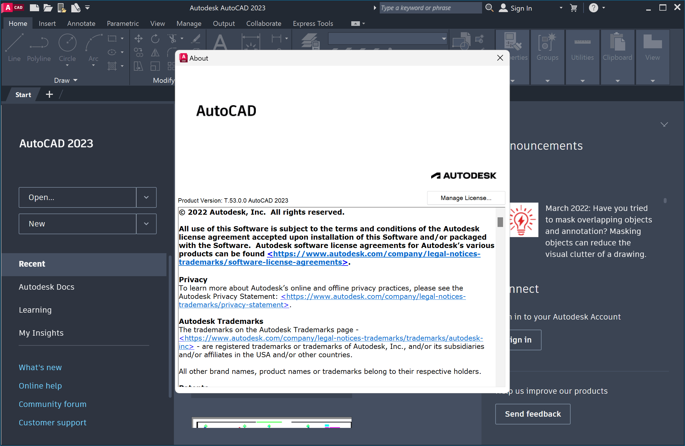 หน้าจอการใช้งานของโปรแกรม Autodesk AutoCAD 2023.1.8