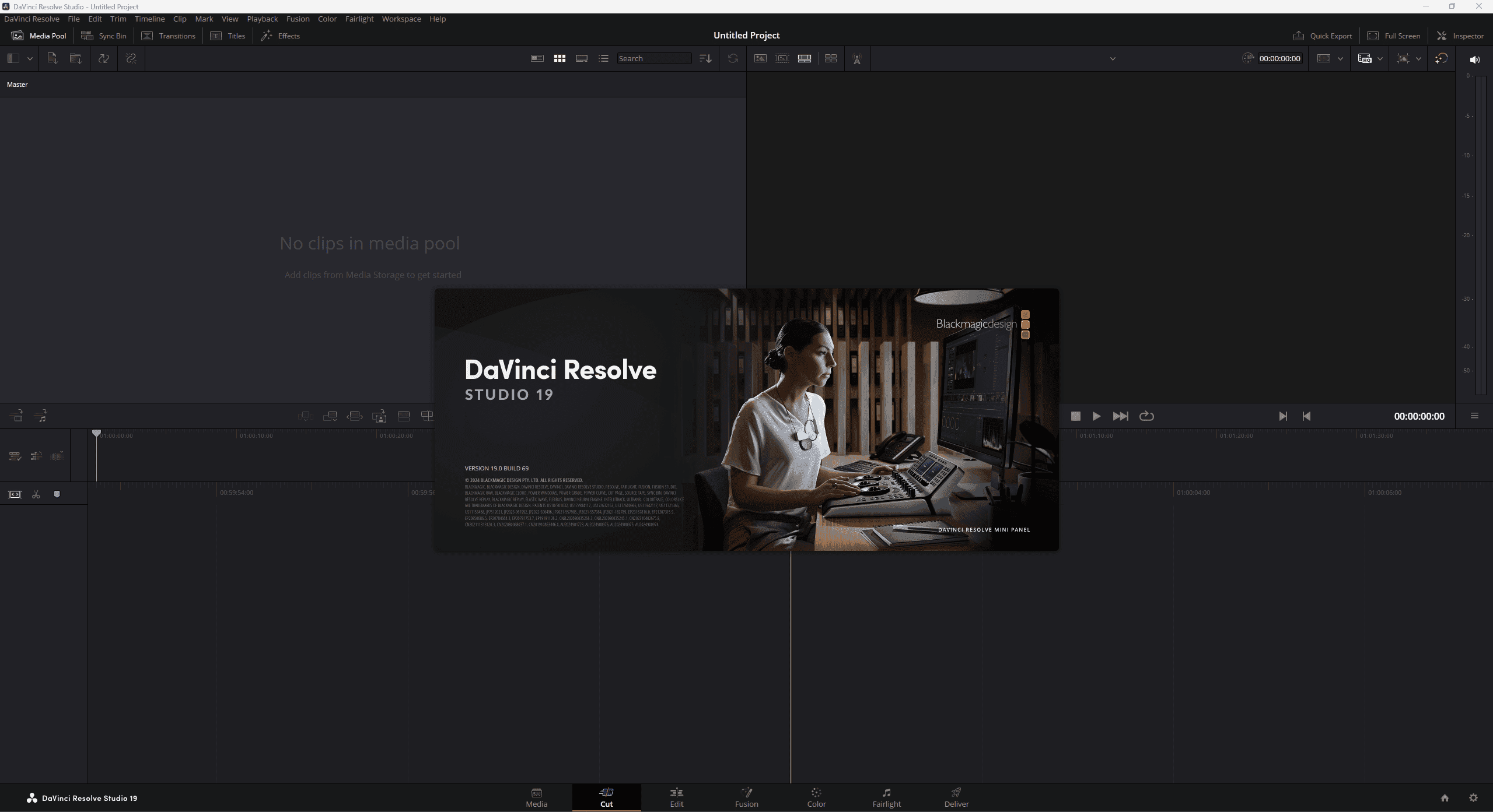 หน้าจอการใช้งานของโปรแกรม DaVinci Resolve Studio 19.1.4
