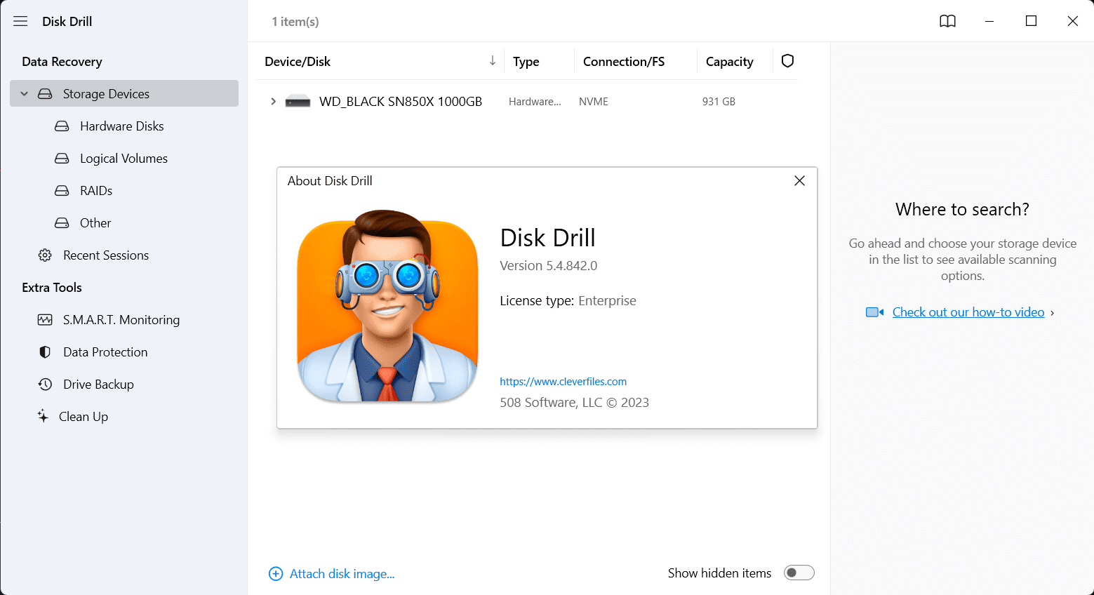 หน้าจอการใช้งานของโปรแกรม Disk Drill Pro 6.3.1398.0