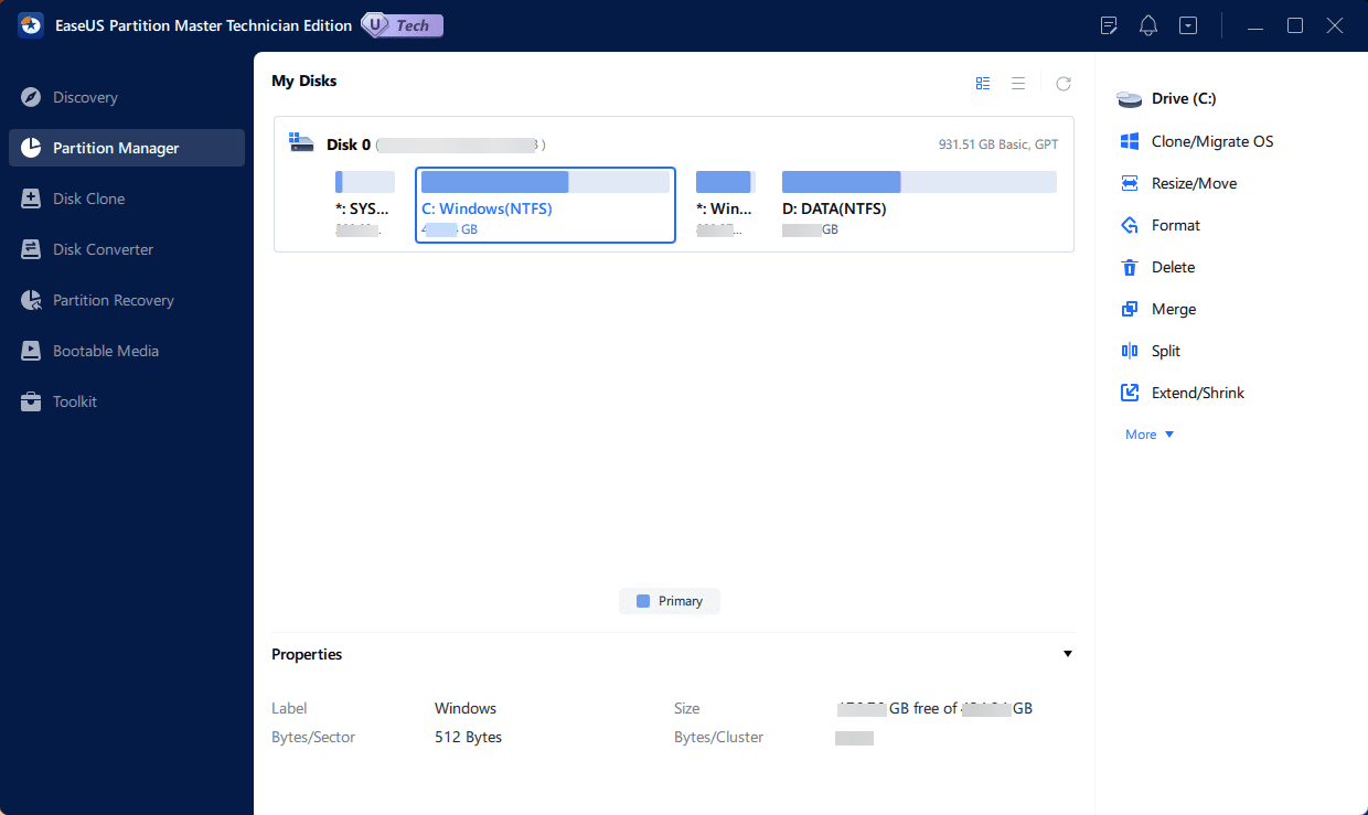 หน้าจอการใช้งานของโปรแกรม EaseUS Partition Master 20.5