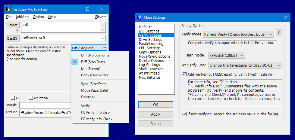 หน้าจอการใช้งานของโปรแกรม FastCopy Pro 5.11.3