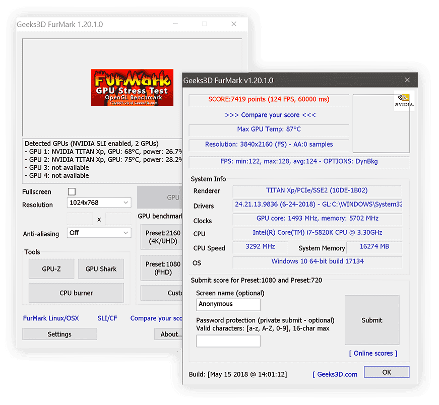 หน้าจอการใช้งานของโปรแกรม FurMark 2.10.2.0 / 1.39.3.0