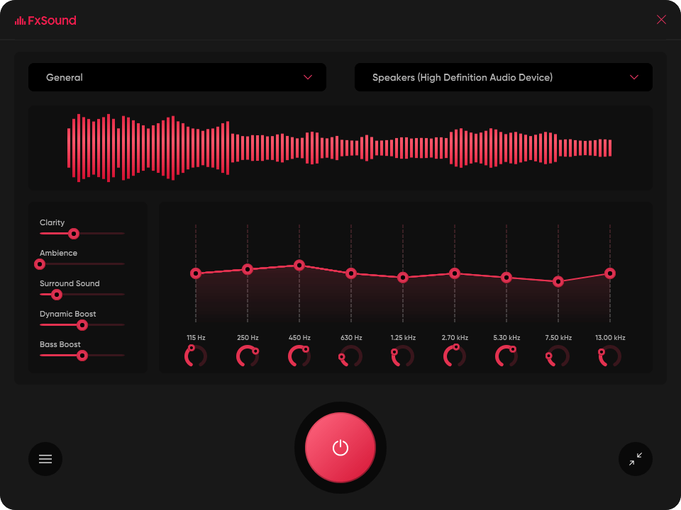 หน้าจอการใช้งานของโปรแกรม FxSound Pro 1.2.11