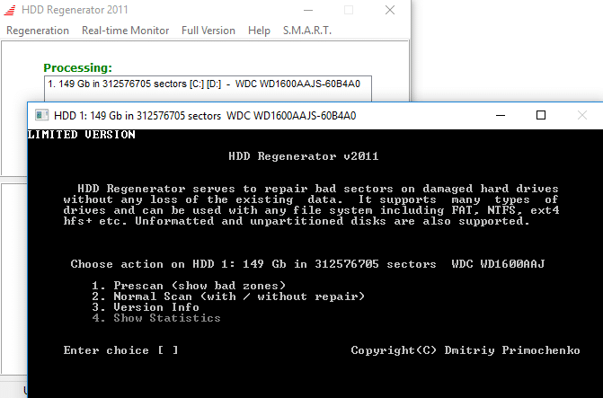 หน้าจอการใช้งานของโปรแกรม HDD Regenerator 2024 v20.24.0.0