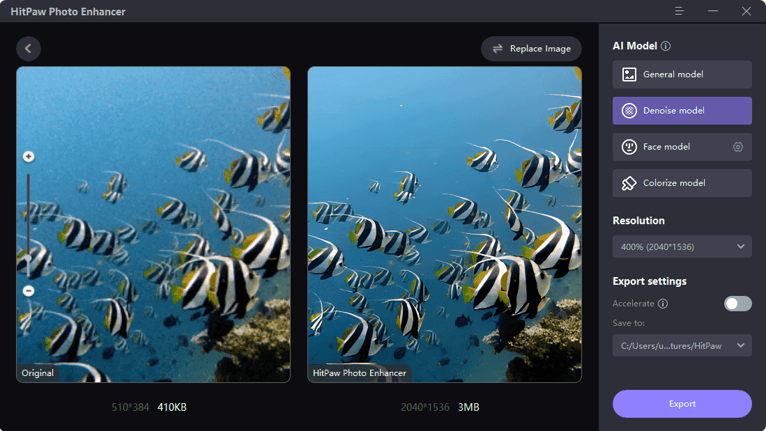 หน้าจอการใช้งานของโปรแกรม HitPaw Photo Enhancer 2.1.0 (Full)