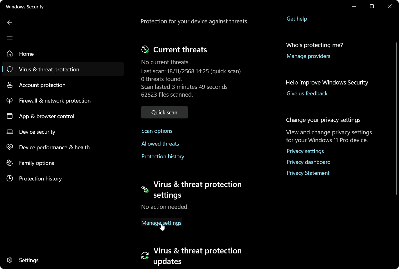 หน้าต่างตั้งค่าของโปรแกรม วิธีปิดแอนตี้ไวรัสใน Windows 11 (เพื่อลงโปรแกรม หรือเล่นเกม)