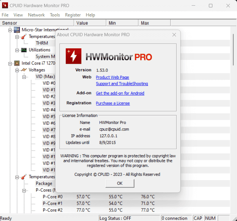 หน้าจอการใช้งานของโปรแกรม HWMonitor Pro 1.59