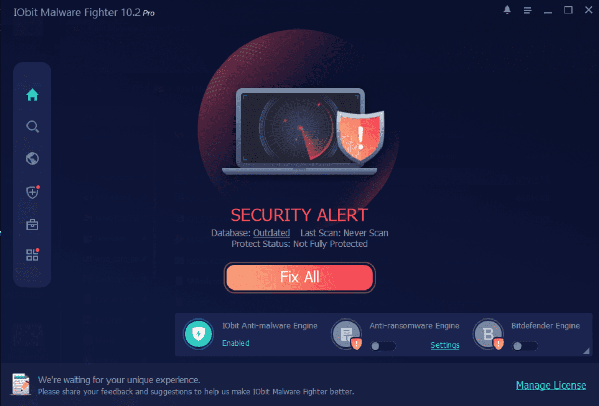 หน้าจอการใช้งานของโปรแกรม IObit Malware Fighter Pro 13.4.0.1669
