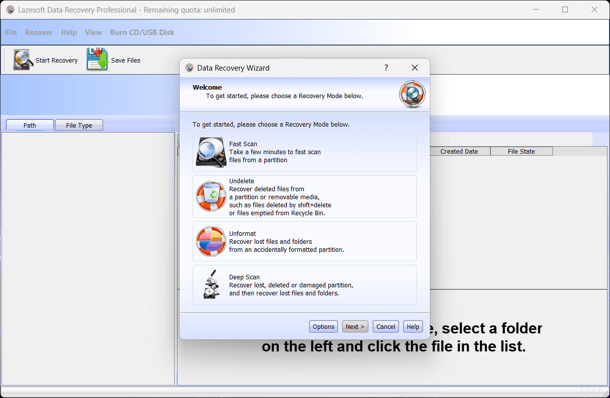 หน้าจอการใช้งานของโปรแกรม Lazesoft Data Recovery 5.1.1.1