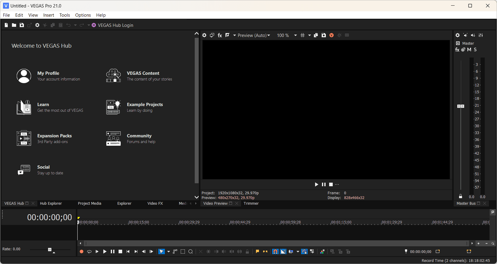 หน้าจอการใช้งานของโปรแกรม MAGIX VEGAS Pro 21.0.0.315