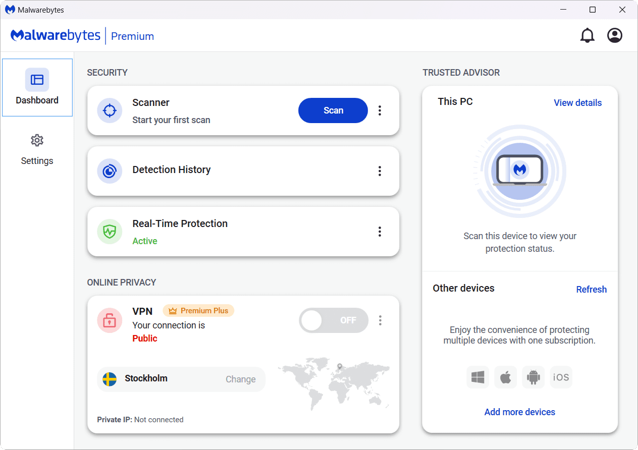 หน้าจอการใช้งานของโปรแกรม Malwarebytes Premium 5.1.6.117
