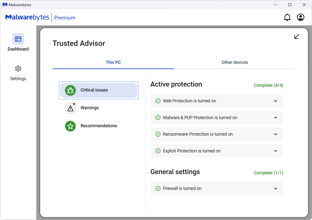 หน้าจอการใช้งานของโปรแกรม Malwarebytes Premium 5.1.6.117