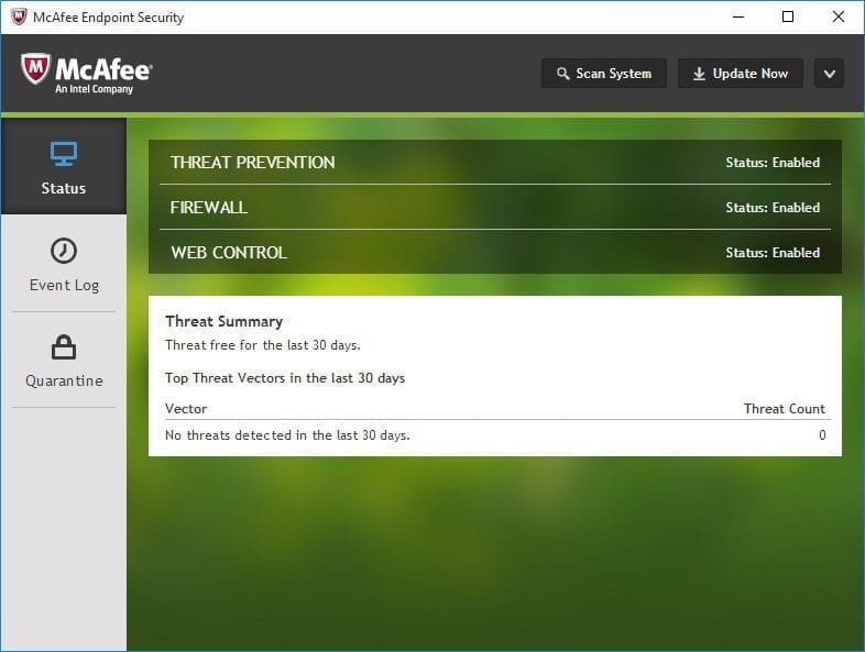 McAfee Endpoint Security 10.7 (Full) หน้าจอการใช้งานของโปรแกรม McAfee Endpoint Security 10.7 (Full)