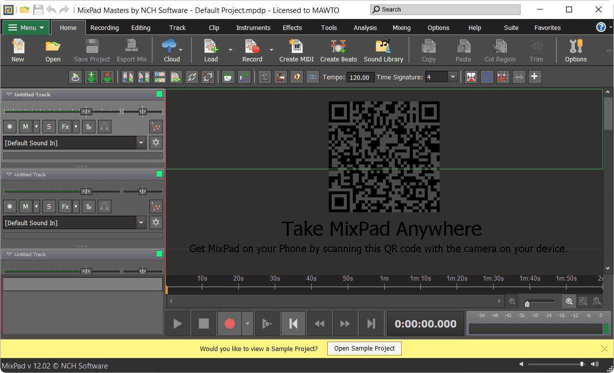 หน้าจอการใช้งานของโปรแกรม MixPad Multitrack Mixer 14.18