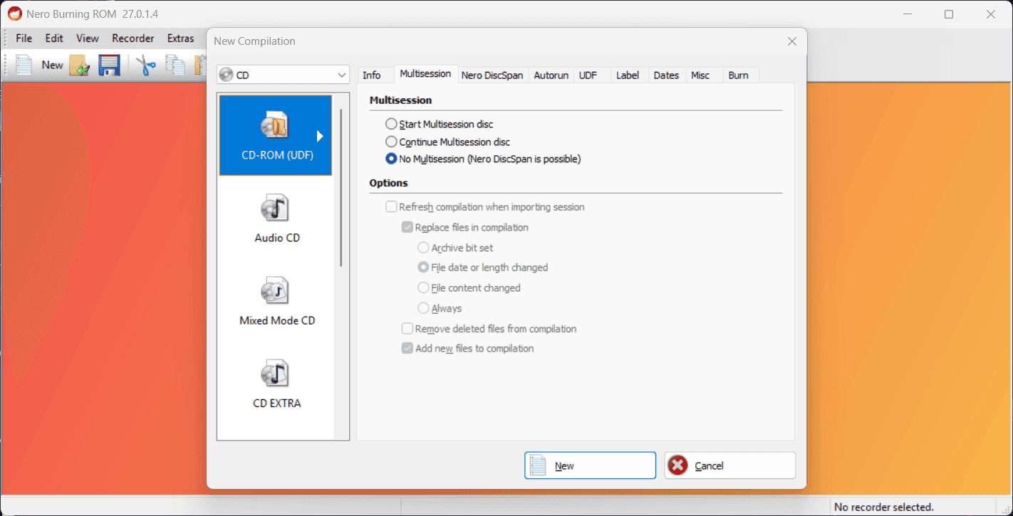 หน้าจอการใช้งานของโปรแกรม Nero Burning ROM 27.0.1.4