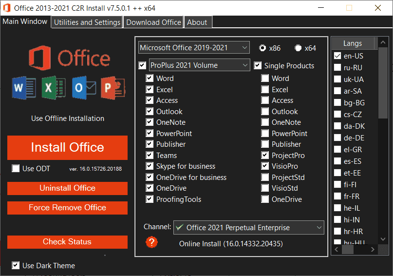 หน้าจอการใช้งานของโปรแกรม Office 2013-2024 C2R Install 7.7.7.7 r27