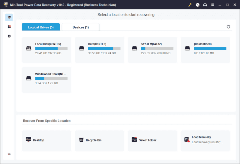 หน้าจอการใช้งานของโปรแกรม MiniTool Power Data Recovery 13.0