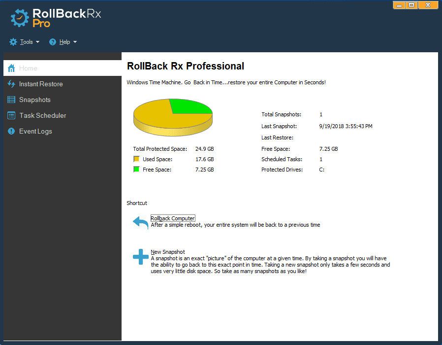 หน้าจอการใช้งานของโปรแกรม RollBack Rx Pro 12.9