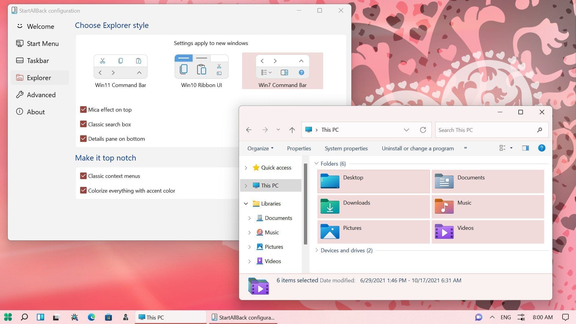 หน้าจอการใช้งานของโปรแกรม StartAllBack 3.9.24.5378