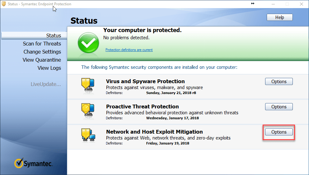 หน้าจอการใช้งานของโปรแกรม Symantec Endpoint Protection 14.4.115.0000