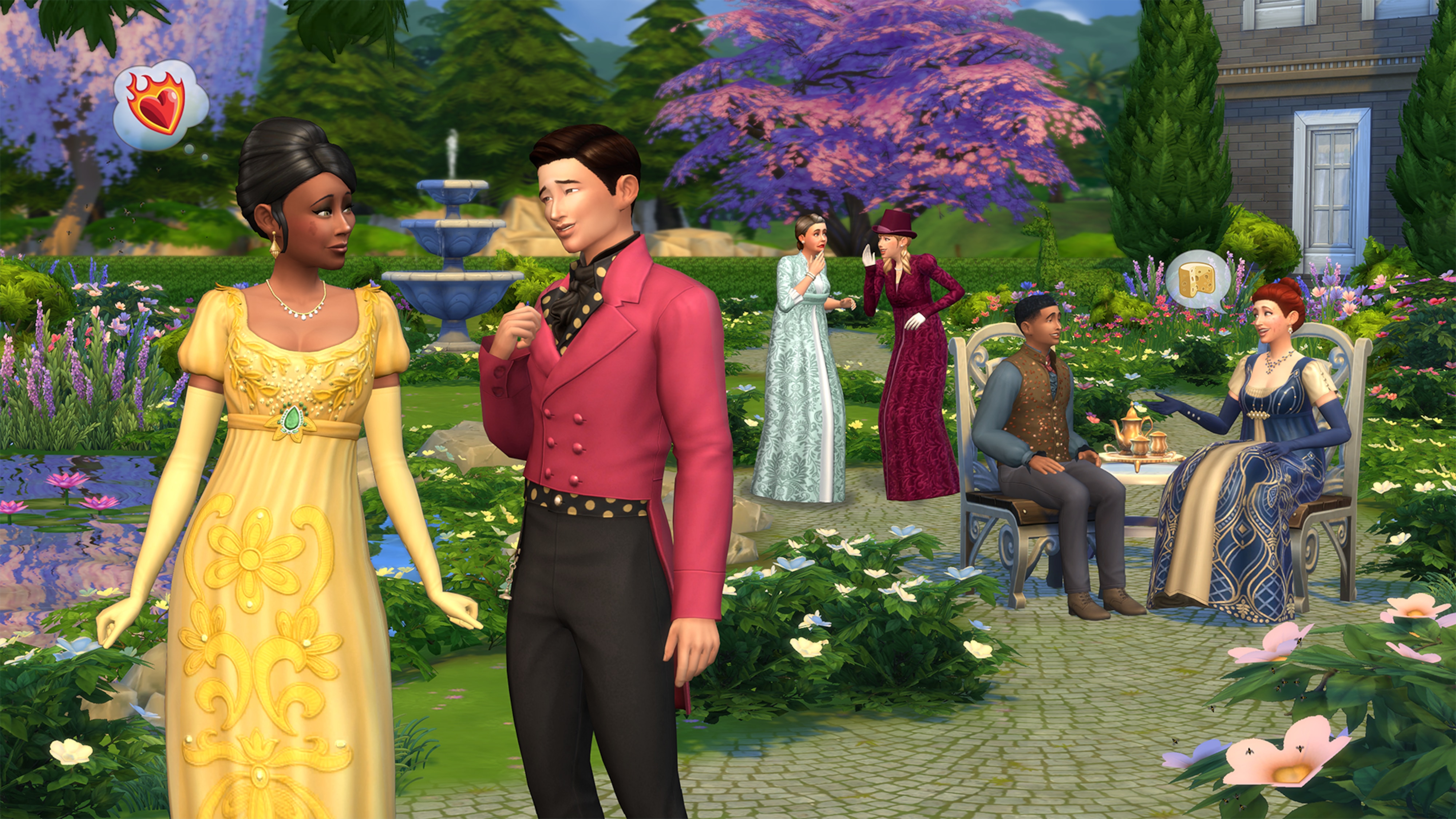 Three-panel screenshot from The Sims 4 showing a family with a cradle, a couple in a floral gazebo, and a Sim playing a decor