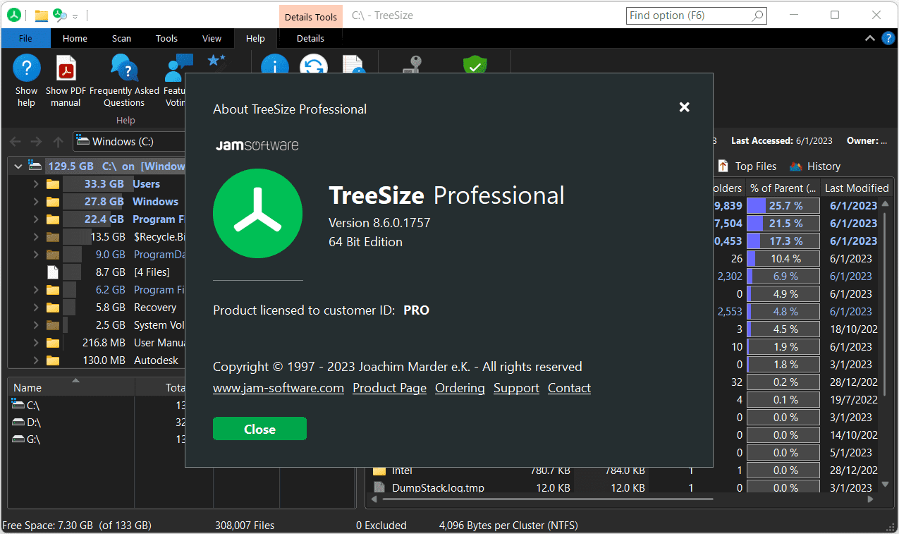 หน้าจอการใช้งานของโปรแกรม TreeSize Pro 9.8.2.2303