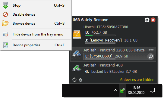 หน้าจอการใช้งานของโปรแกรม USB Safely Remove 7.2.1.1330