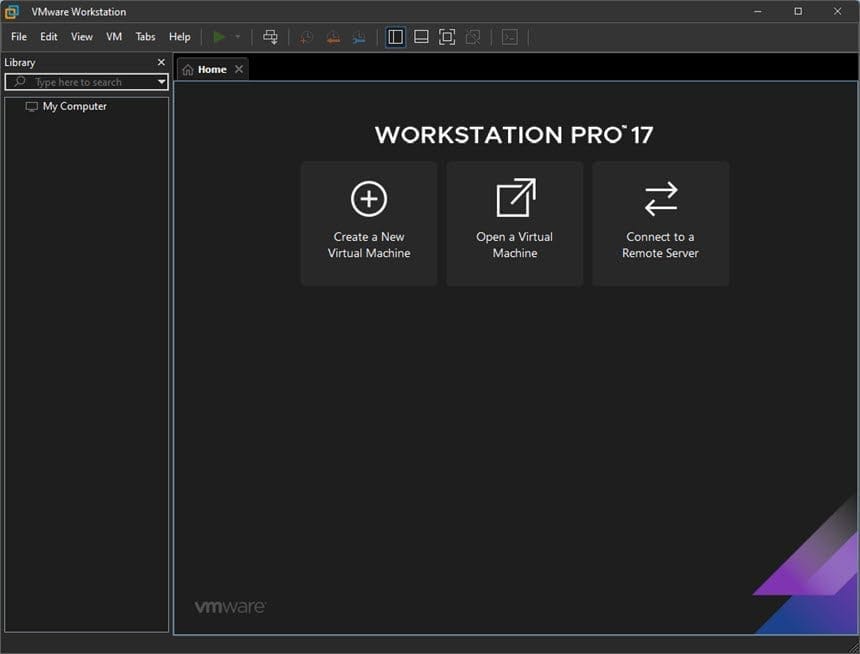 หน้าจอการใช้งานของโปรแกรม VMware Workstation Pro 17.6.4