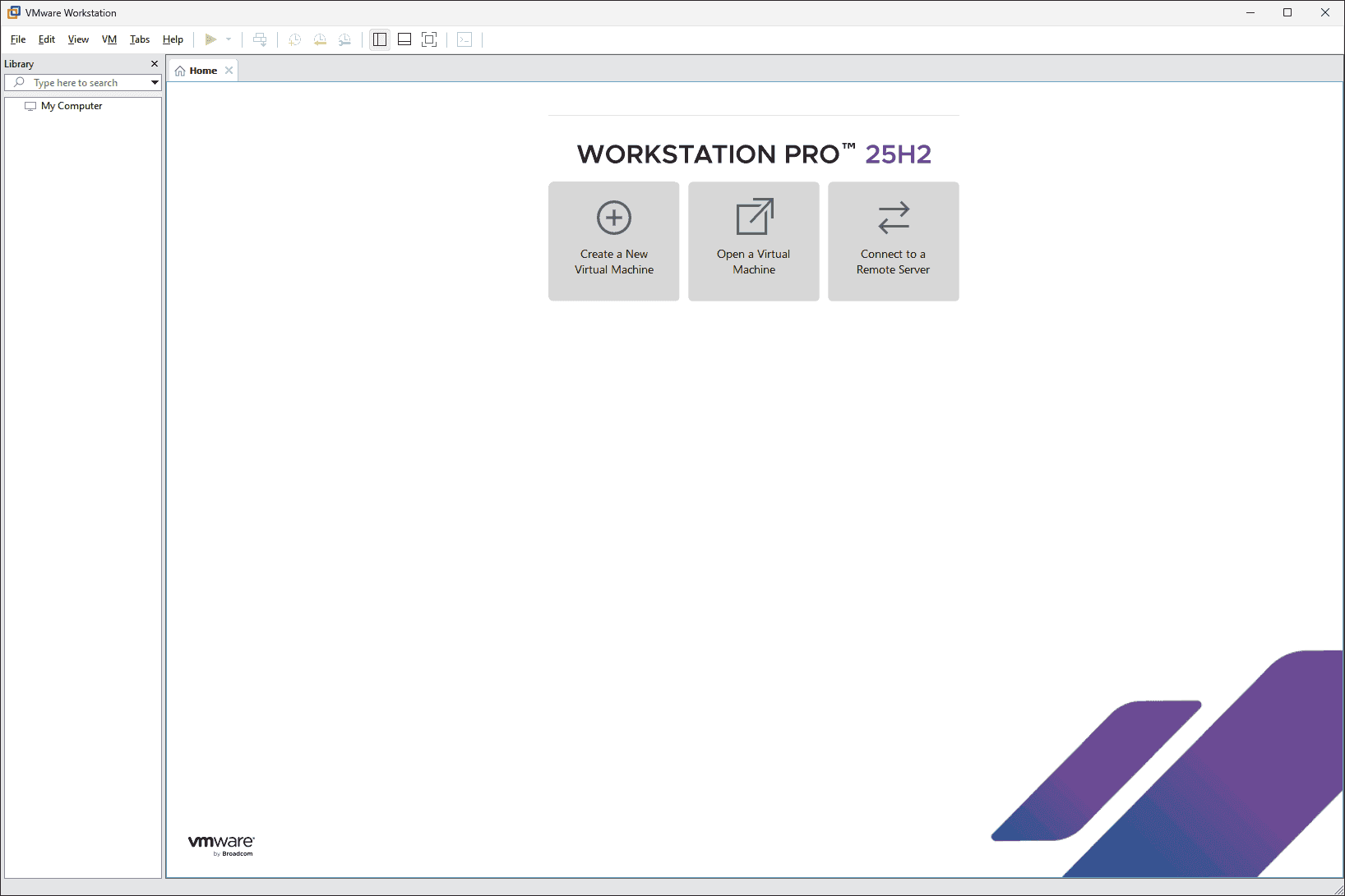 หน้าจอการใช้งานของโปรแกรม VMware Workstation Pro 26H1