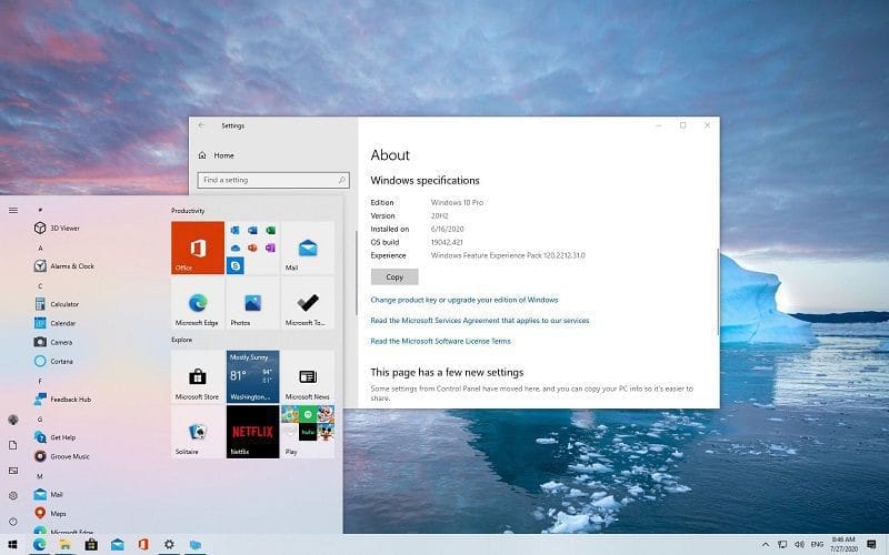 หน้าจอการใช้งานของโปรแกรม Windows 10 20H2 Pro (Full)
