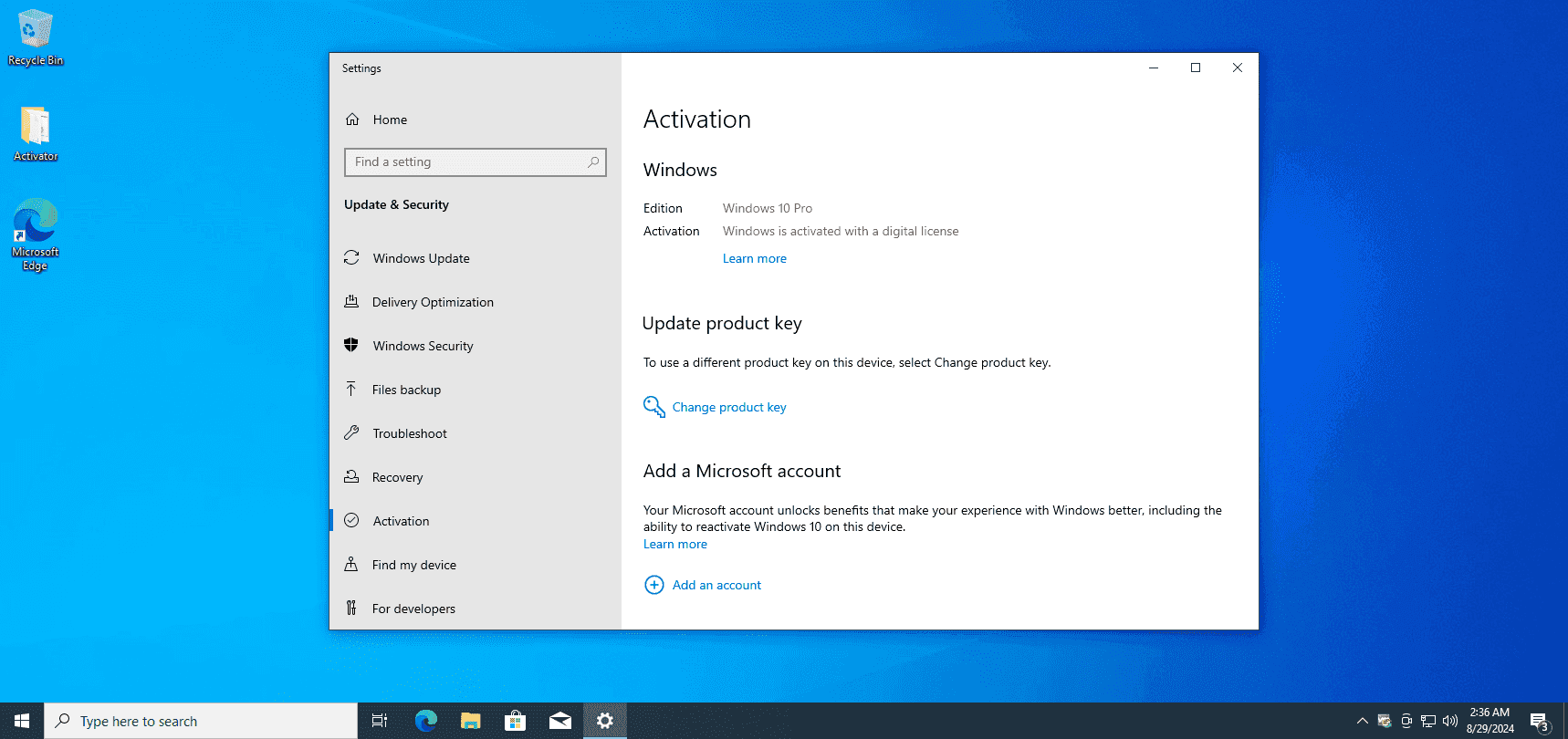หน้าจอการใช้งานของโปรแกรม Windows 10 Pro 22H2