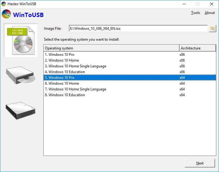 หน้าจอการใช้งานของโปรแกรม WinToUSB 10.8.1.2