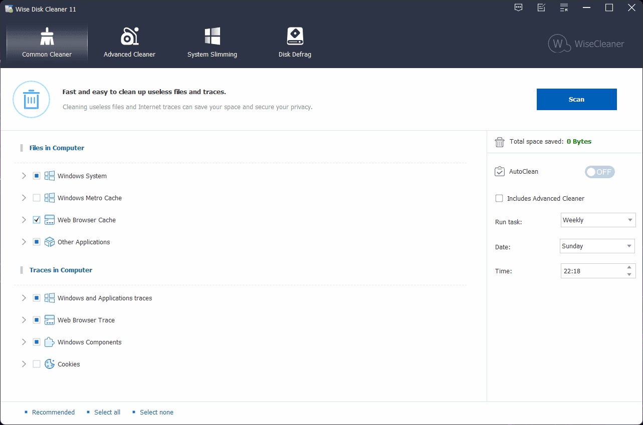 หน้าจอการใช้งานของโปรแกรม Wise Disk Cleaner 11.3.7.857