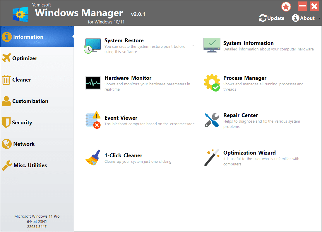 หน้าจอการใช้งานของโปรแกรม Windows Manager v2.3.9